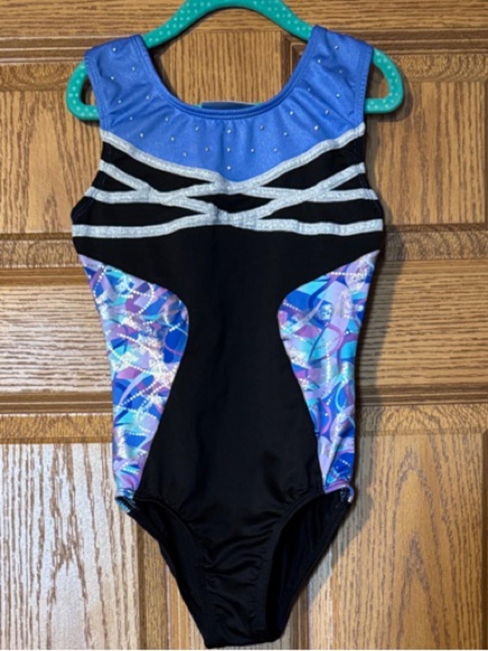 Freestyle Black and Blue Girls Gymnastics Leotard with Iridescent Panels